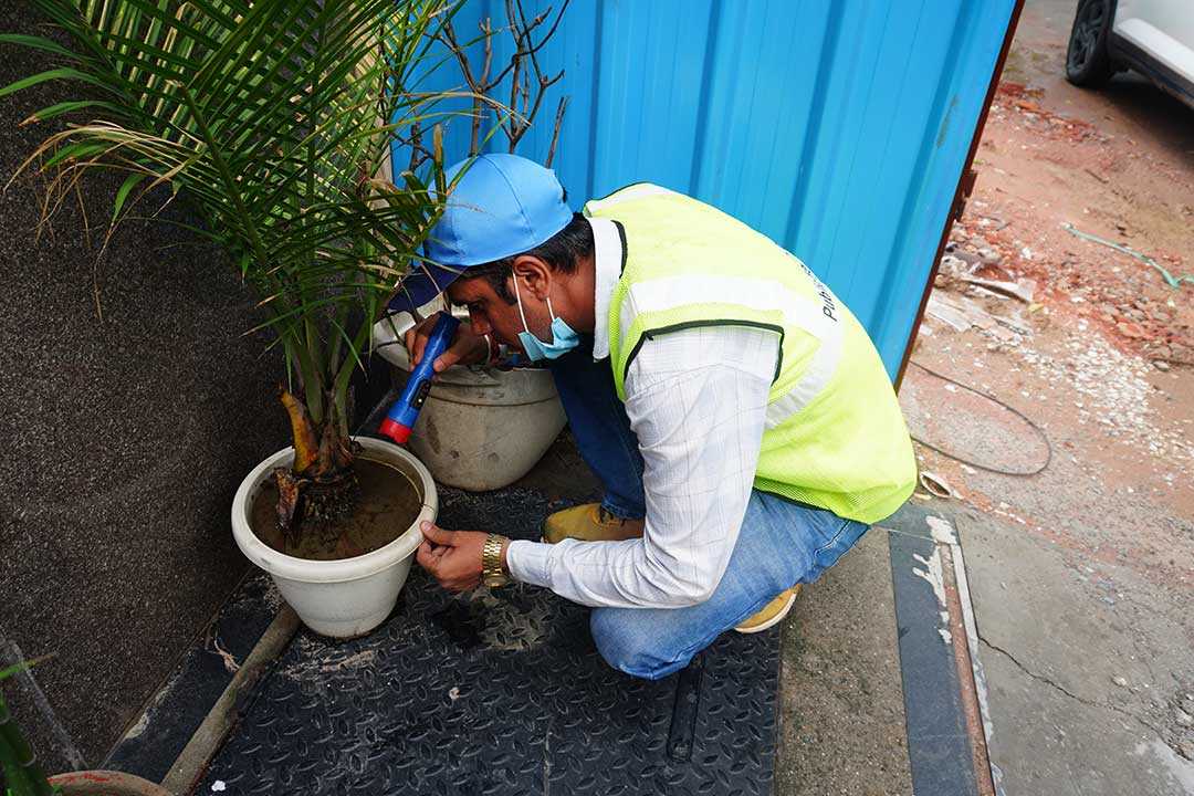 Arun Kumar conducts routine dengue surveillance in a South Delhi neighborhood, inspecting the area for signs of mosquito breeding and identifying potential breeding sites for timely vector control. Credit: Safina Nabi