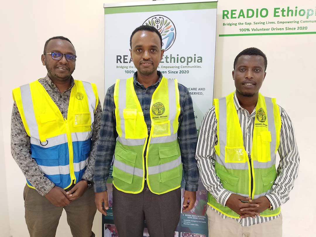 Dr Lisanwork Honsebo with READIO Ethiopia volunteers Chernet Leka (middle) and Tamirat Beyene (right). Credit: James Karuga