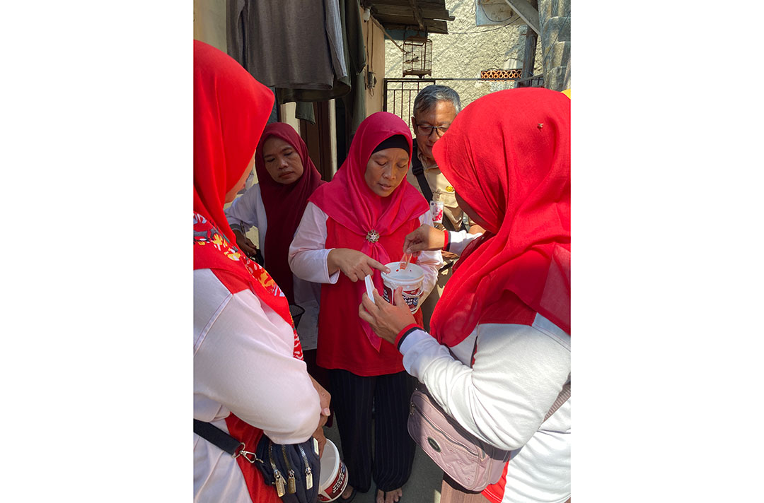 A Jakarta health cadre prepares a container of mosquito eggs as part of a research programme. Credit: Dyna Rochmyaningsih