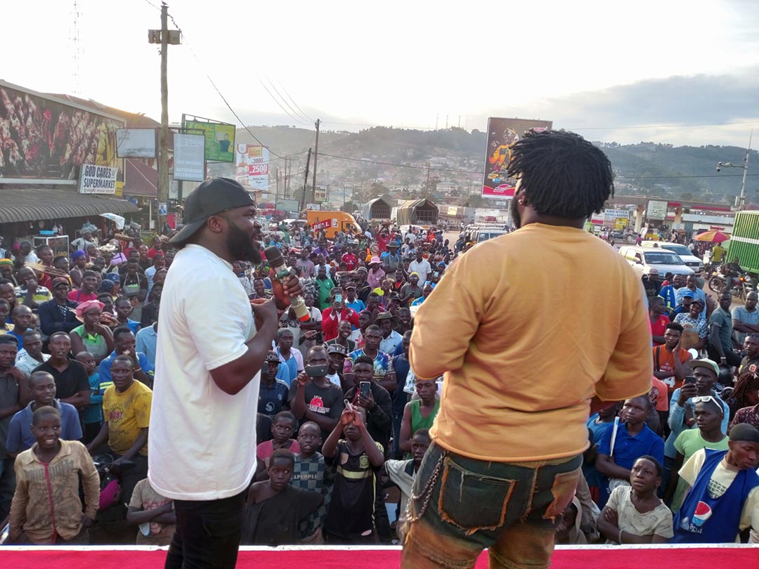 Madrat and Chiko tell jokes at an event in the Busoga region. Credit: Madrat and Chiko