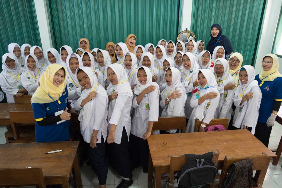Students in Indonesia during the national measles-rubella immunisation campaign. Credit: Gavi/2017/Ardiles Rante.