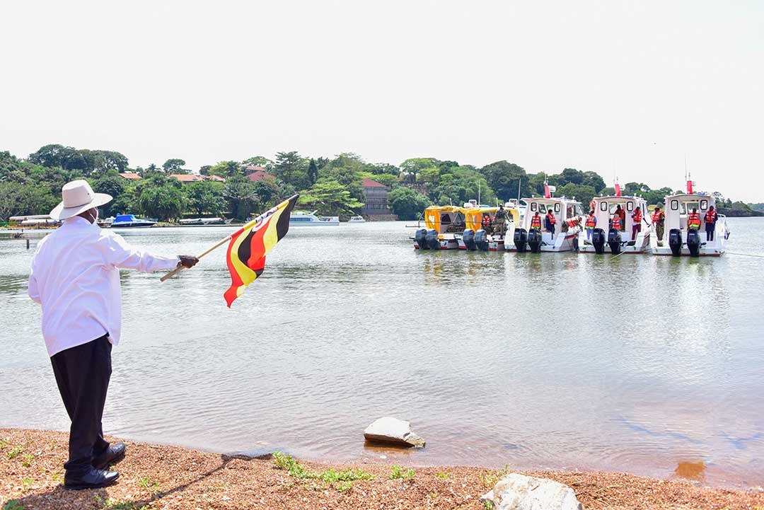 Uganda's President Yoweri Museveni officially launching the boat ambulances in May 2022. Credit: MOH