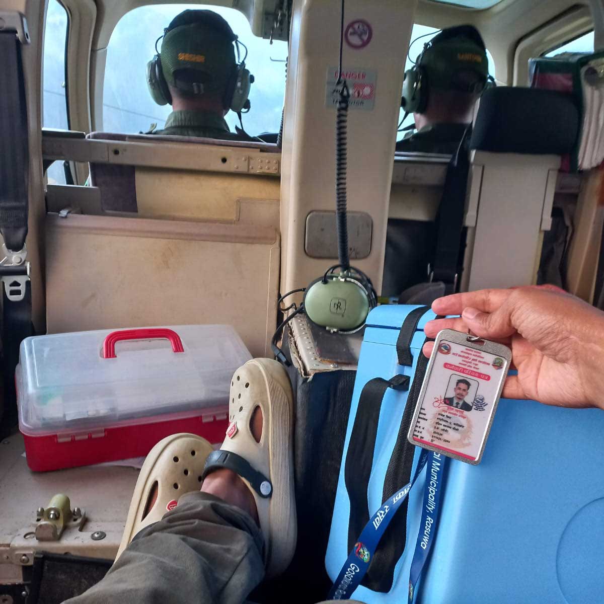 The oral cholera vaccines (OCVs) are being transported by a Nepal Army's helicopter in Rasuwa. Credit: Bimal Ghimire