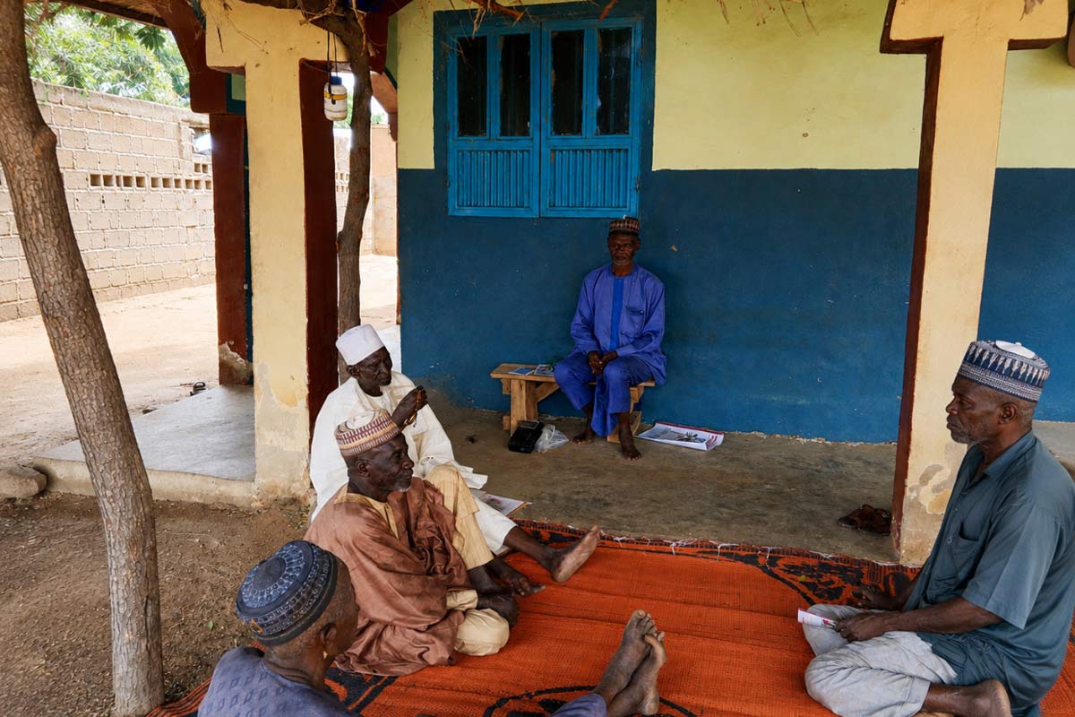 Community leaders at the palace of the District Head of Buni-Gari, where traditional leaders support efforts to reach children with vaccines Credit: Jesusegun Alagbe.
