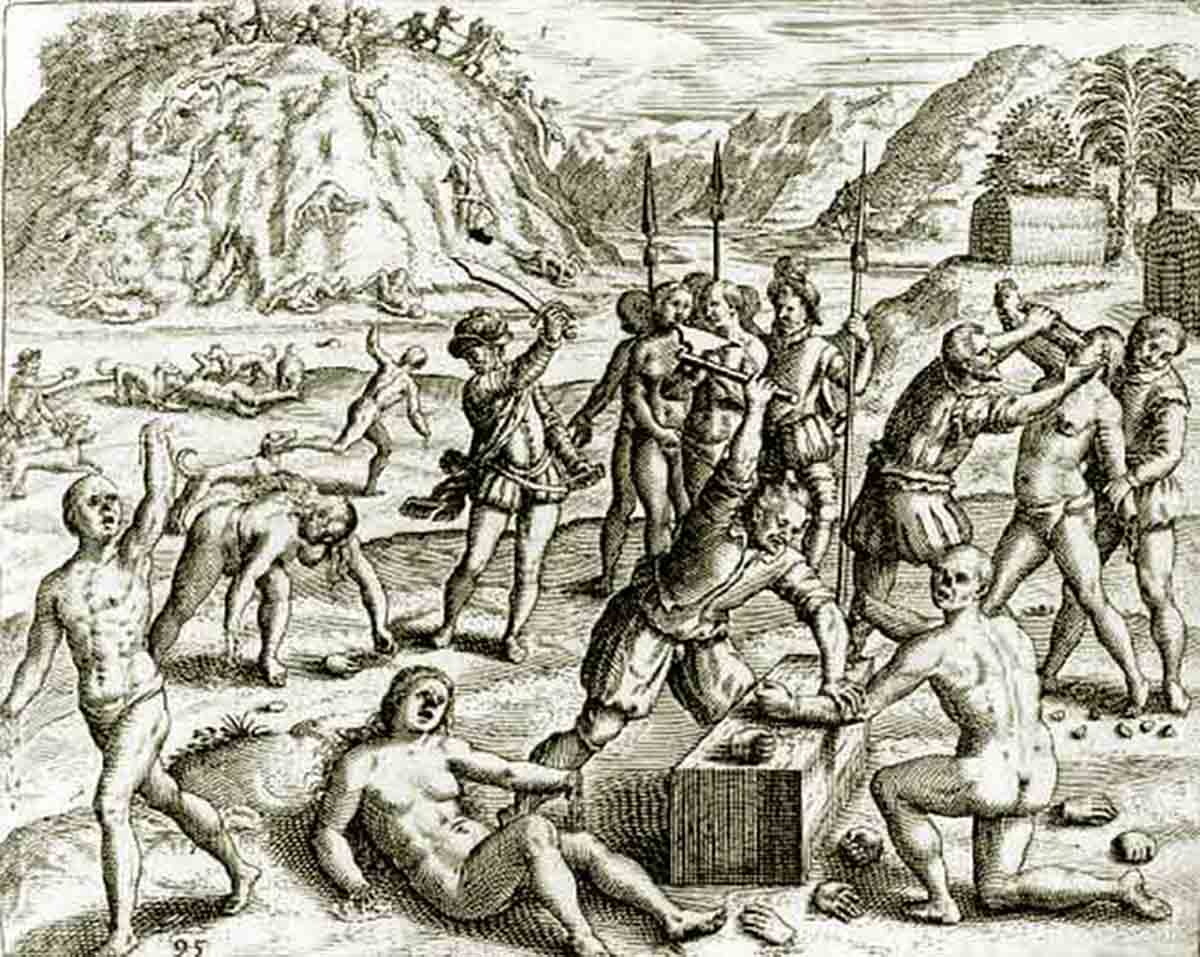 n illustration published in 1598 by Theodore de Bry based on a description of Spanish soldiers cutting off the hands and noses of Indians during the 1539 conquest of South America. Credit: Theodor de Bry, Public domain, via Wikimedia Commons
