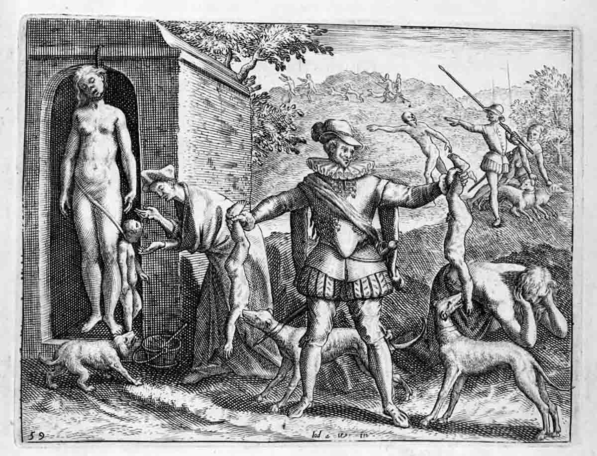 A 1598 Dutch engraving by Theodor de Bry depicting a Spaniard feeding slain Indigenous American women and children to his dogs. De Bry's works are characteristic of anti-Spanish propaganda which resulted from the Eighty Years' War.
