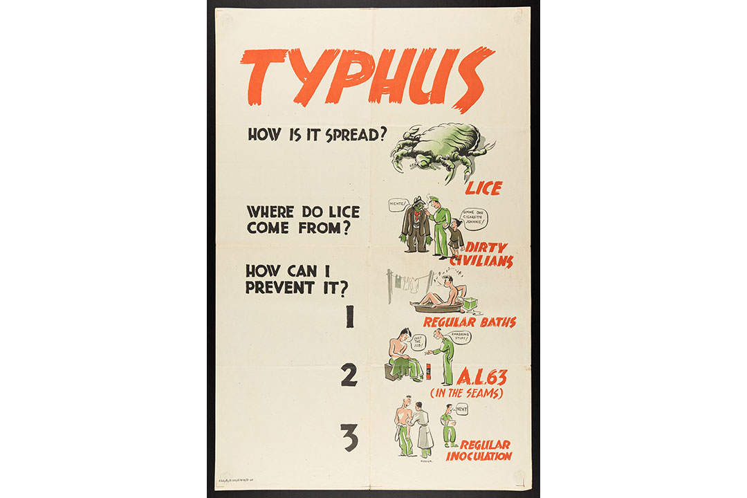 World War II: hygiene instructions against typhus for the British army in Italy. Colour lithograph by Stacey Hopper, 1944. Source:&nbsp;Wellcome Collection.