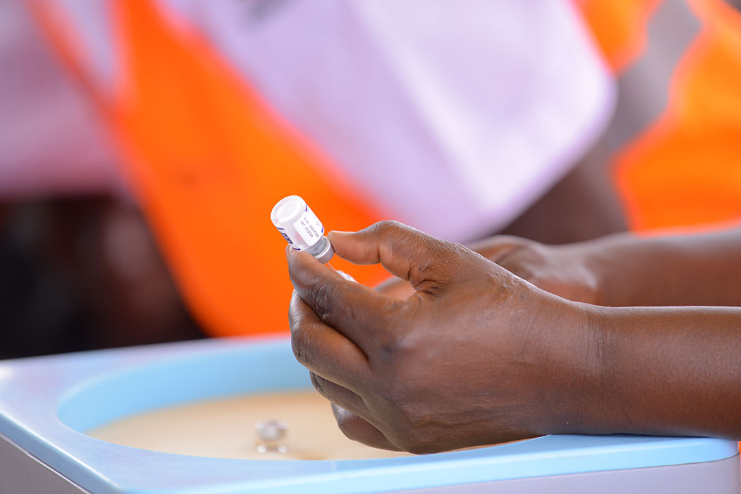 A vial containing the malaria vaccine. The vaccine, rolled out in Uganda in April 2025, has averted tens of thousands of cases of severe malaria in the east African country. Credit: Path Uganda