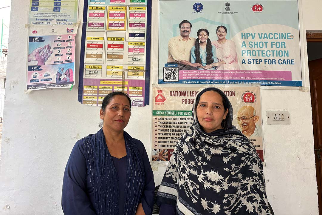 Accredited Social Health Activist (ASHA) workers Garo Devi (left) and Rasheeda Bibi (right), visit the slums and Rohingya refugee settlements every week in Bhitndi, Jammu. Credit: Raihana Maqbool