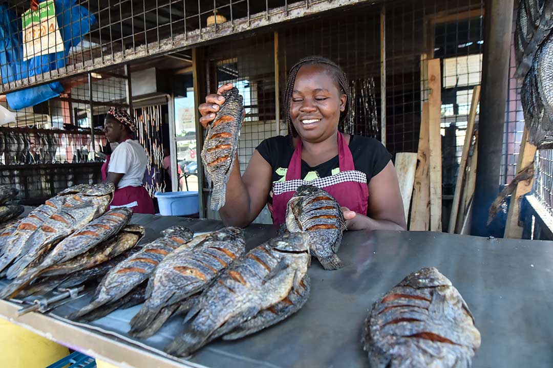 Stella Atieno, displays fish for sell at her stall in Kibuye market, Kisumu, Kenya. The typhoid vaccine has helped her escape the burden of missing work due to typhoid outbreaks in her family.