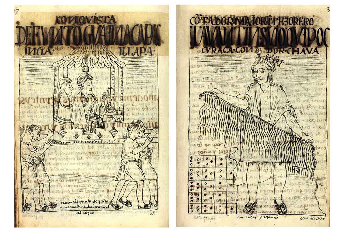 The left drawing shows the mummy of Huayna Cápac, leader of the Inca Empire, being carried from Quito to Cuzco. The right drawing illustrates a class of scholars that specialised in knotting and reading khipus, the knots-based writing artifacts with which Incas recorded knowledge. Credit: Felipe Guamán Poma de Ayala. Nueva corónica y buen gobierno. 1615. Royal Library of Denmark, Copenhagen, Gl. kgl. S. 2232, fols. 379 and 362. Courtesy of the Royal Library of Denmark, Copenhagen.