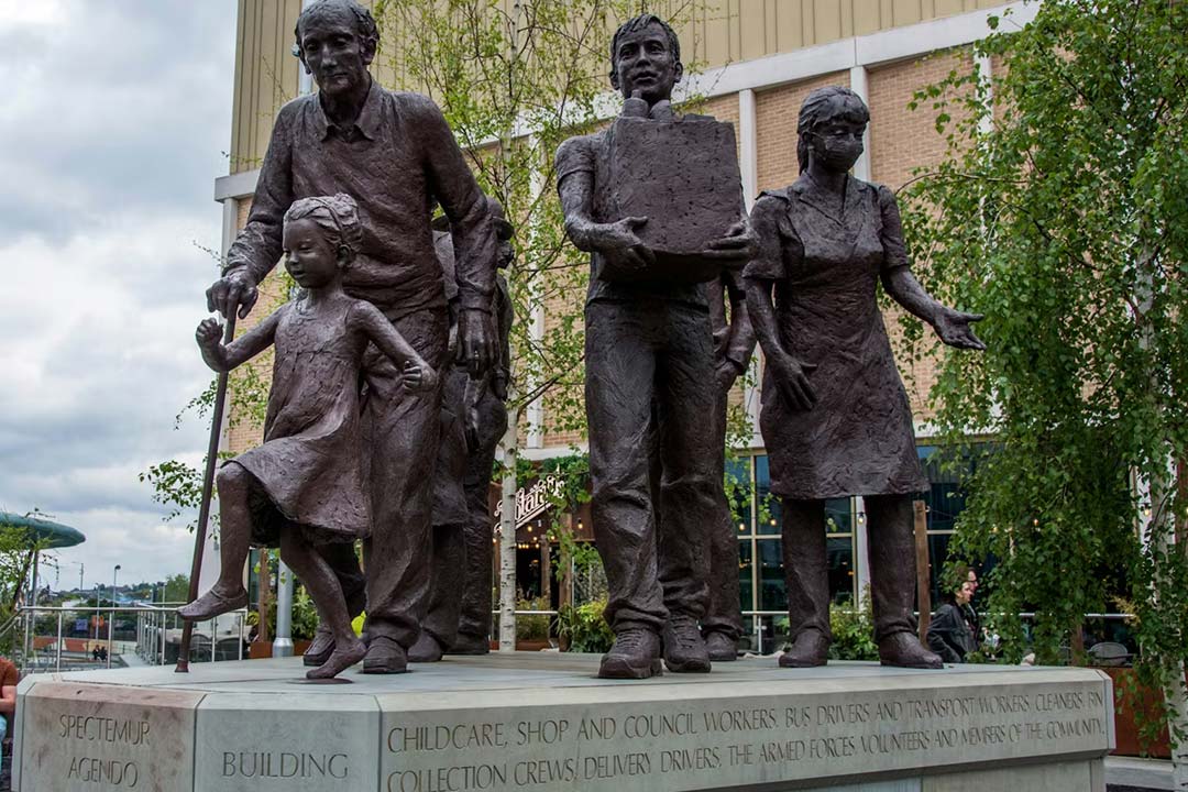 The Glass Works, Barnsley, South Yorkshire, UK: memorial statue tribute to the victims and key workers of the COVID pandemic. Steve Travelguide/Shutterstock