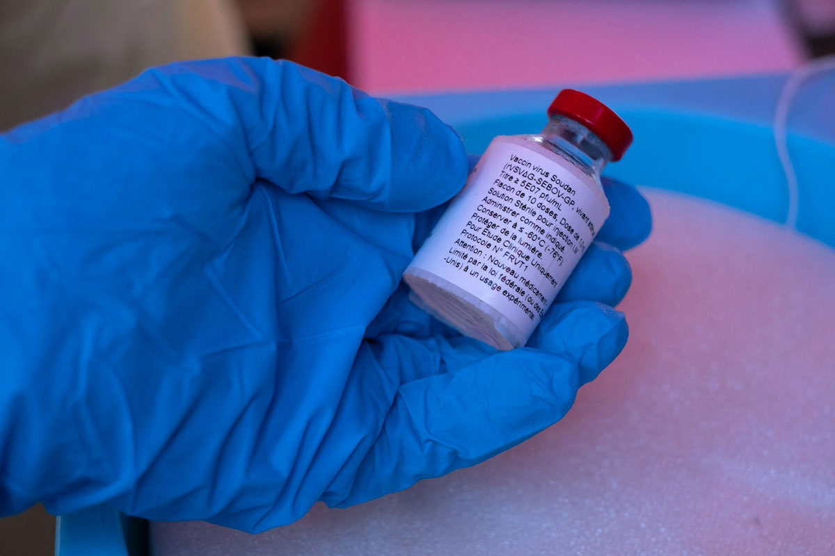 A nurse holds a vial of the Ebola Sudan vaccine during a trial at the Mulago Referral Hospital in Kampala, Uganda in February 2025. Badru Katumba/AFP via Getty Images