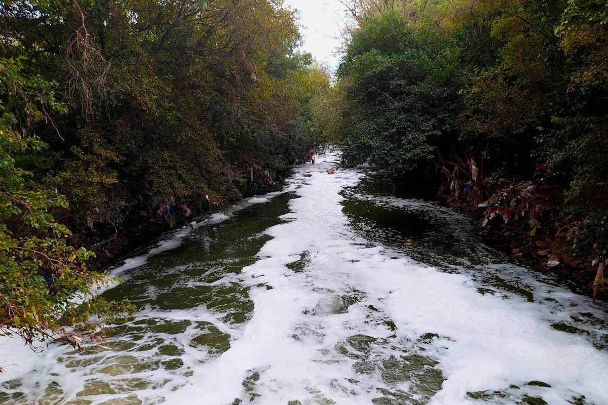 The foaming Hennops River in Tshwane, polluted by poorly or untreated sewage from the Sunderland Ridge treatment works. Seth Thorne/GroundUp