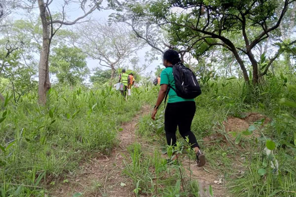 The vaccination team heads towards a Fulani forest camp, guided by a hunter. Credit: World Vision CAR